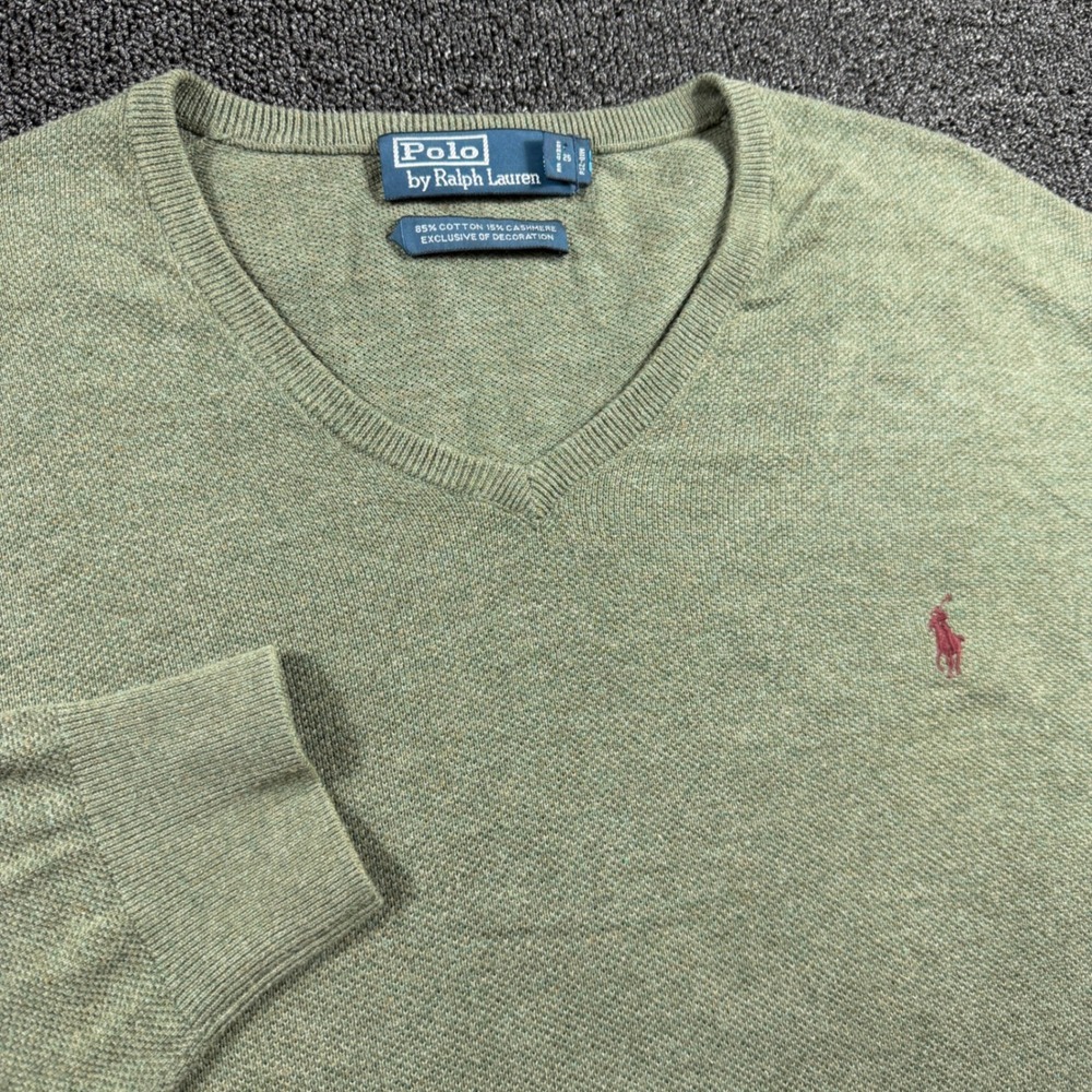 Vintage Polo Ralph Lauren Mens XL Green Cotton Cashmere V-Neck Sweater Long Slv